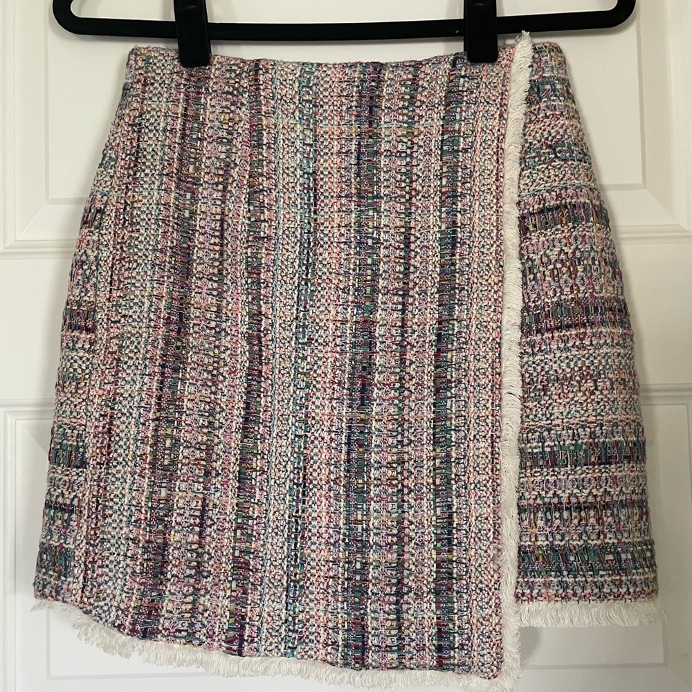 Anthropologie Hutch Pink Multicolor White Tweed Fringed Skirt, Size 2 - Picture 4 of 12